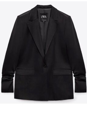 Zara Black Satin-Effect Single-Button Blazer